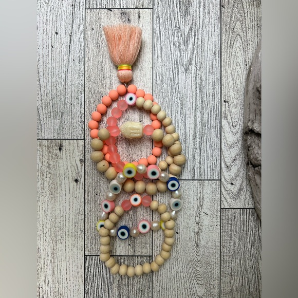 Pink & Beige Bohemian Stacked Bead Bracelet Set - Hippie Chic Bracelets - Picture 9 of 10